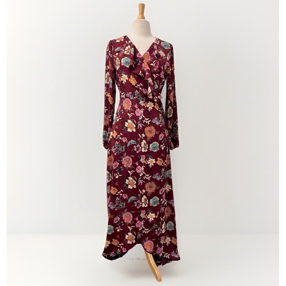 Peach Love California Brown Floral Maxi Dress Women’s Medium Wrap V-Neck Spring